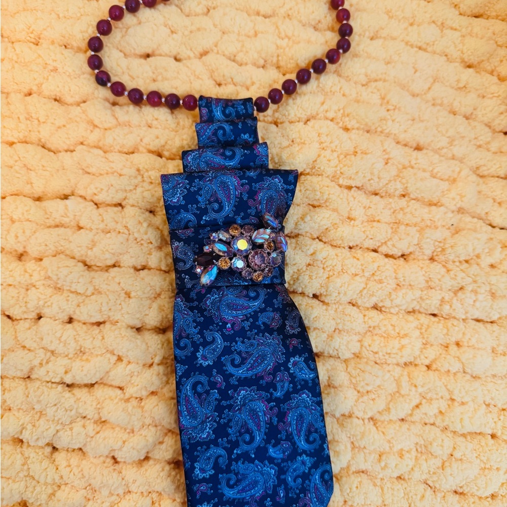 Women’s Navy Paisley Tie Pendant Necklace with Jewel Accent